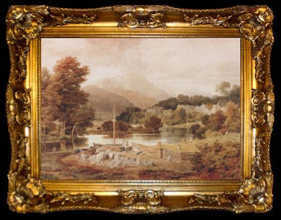 framed  Ramsay Richard Reinagle A Slate Wharf,with the Village of Clappersgate and Coniston Fells,near the Head of Windermere-Forenoon (mk47), ta009-2